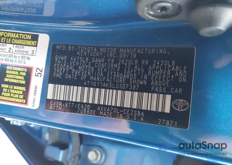 2020 Toyota Camry Se from USA, damaged, VIN 4T1G11AK5LU307397